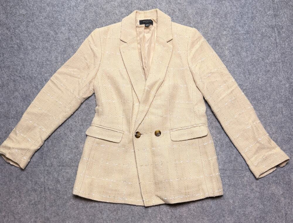 Ann Taylor Petite Womens 0P Cream Tweed Blazer Double Breasted Jacket Lined Work